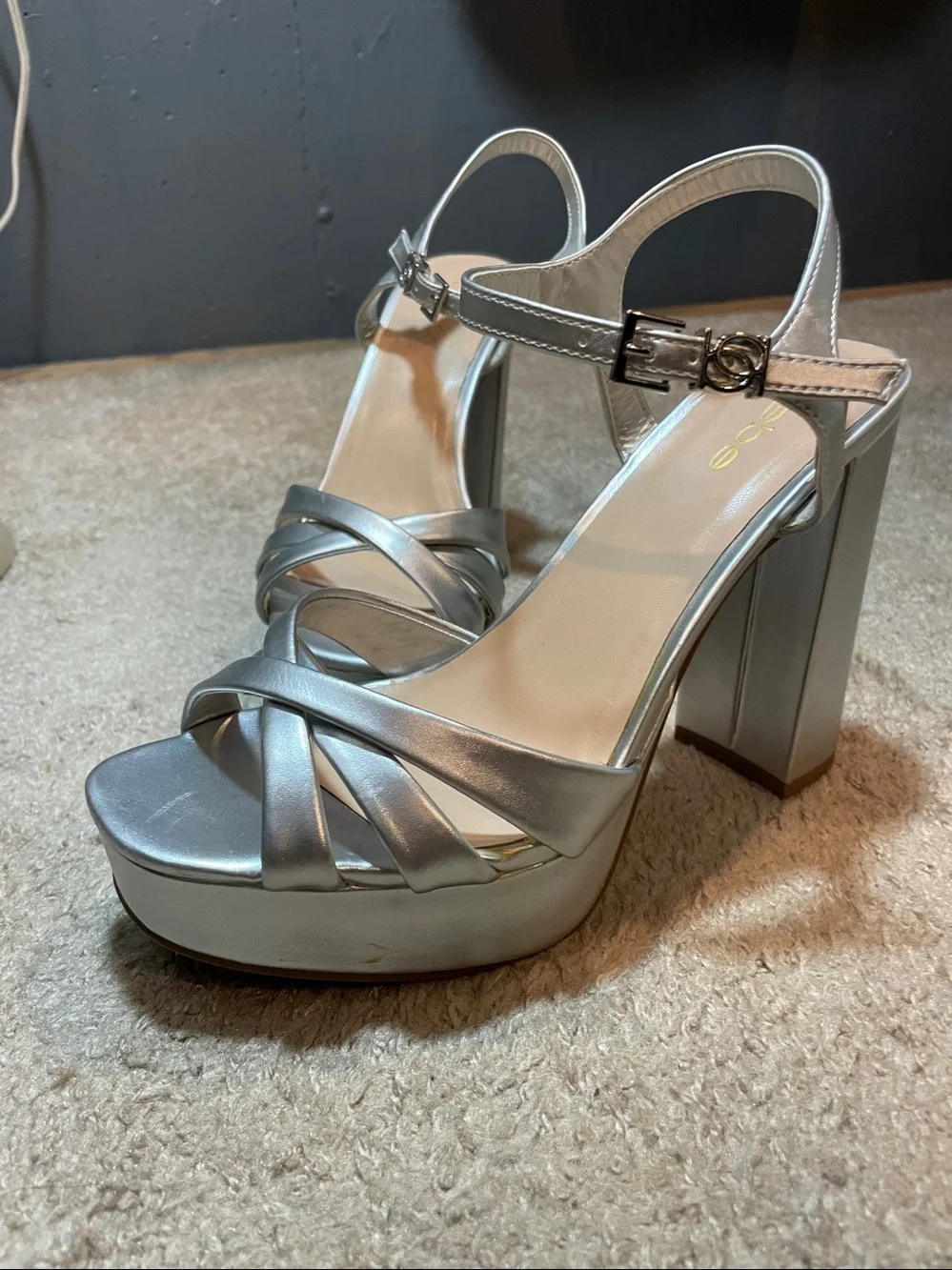 bebe Silver Metallic Platform Block Heel Sandals